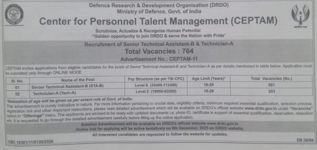 DRDO CEPTAM 11 Recruitment 2025