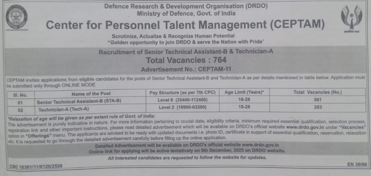 DRDO CEPTAM 11 Recruitment 2025